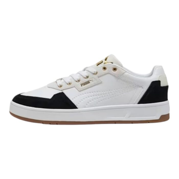 5 199 E | The Puma Court Classic Lux SD White/Black/Gold combines sophisticated design with exceptional comfort, featuring a smooth white leather upper accented with bold black and gold details, making it a versatile choice for both casual and dressy occasions. Equipped with Puma’s SoftFoam+ insole, this sneaker ensures all-day comfort by providing superior cushioning and support, while the durable rubber outsole delivers reliable traction for various activities. The Court Classic Lux SD is not only a stylish addition to your wardrobe, but also a practical and enduring choice, offering a perfect balance of luxury and functionality for everyday wear.